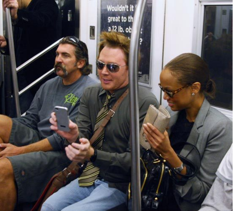 Rides public. Celebrities using public transport.